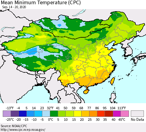 China, Mongolia and Taiwan Mean Minimum Temperature (CPC) Thematic Map For 9/14/2020 - 9/20/2020