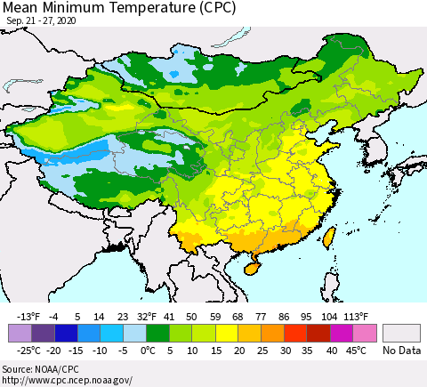 China, Mongolia and Taiwan Mean Minimum Temperature (CPC) Thematic Map For 9/21/2020 - 9/27/2020