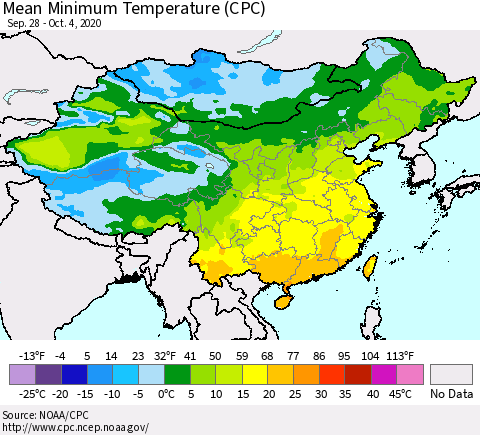 China, Mongolia and Taiwan Mean Minimum Temperature (CPC) Thematic Map For 9/28/2020 - 10/4/2020