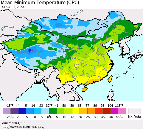 China, Mongolia and Taiwan Mean Minimum Temperature (CPC) Thematic Map For 10/5/2020 - 10/11/2020