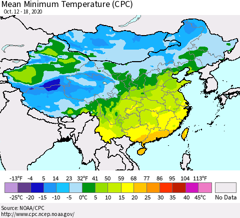 China, Mongolia and Taiwan Mean Minimum Temperature (CPC) Thematic Map For 10/12/2020 - 10/18/2020