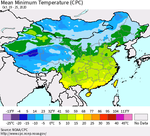 China, Mongolia and Taiwan Mean Minimum Temperature (CPC) Thematic Map For 10/19/2020 - 10/25/2020