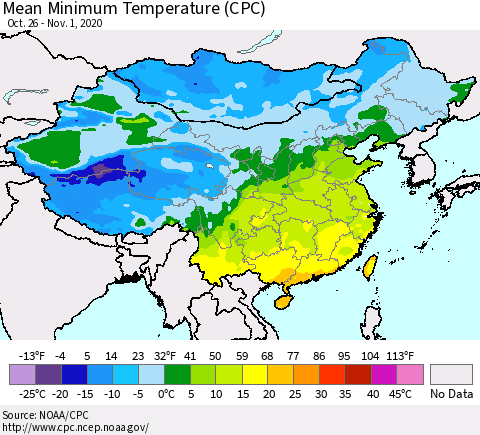 China, Mongolia and Taiwan Mean Minimum Temperature (CPC) Thematic Map For 10/26/2020 - 11/1/2020