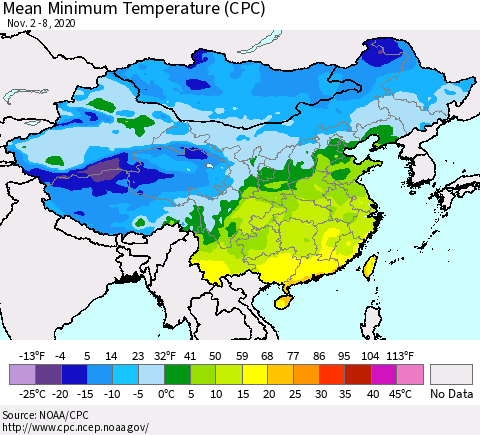 China, Mongolia and Taiwan Mean Minimum Temperature (CPC) Thematic Map For 11/2/2020 - 11/8/2020
