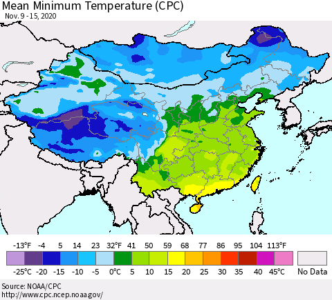 China, Mongolia and Taiwan Mean Minimum Temperature (CPC) Thematic Map For 11/9/2020 - 11/15/2020