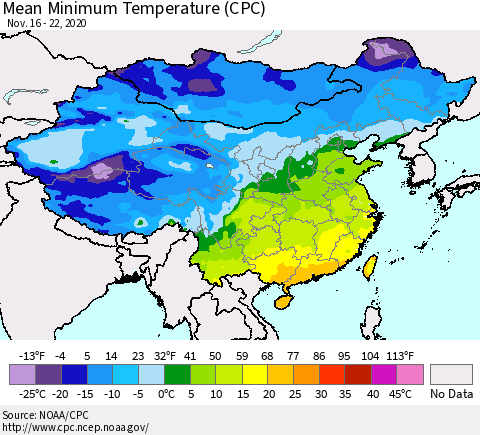 China, Mongolia and Taiwan Mean Minimum Temperature (CPC) Thematic Map For 11/16/2020 - 11/22/2020
