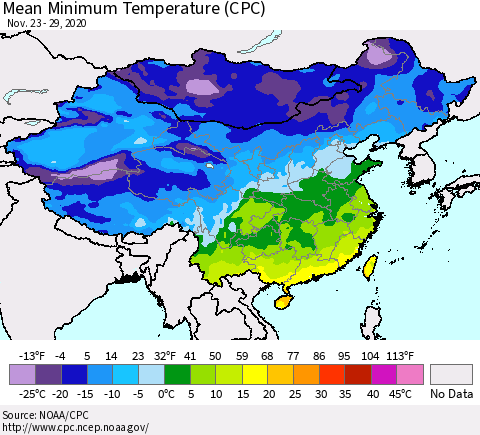 China, Mongolia and Taiwan Mean Minimum Temperature (CPC) Thematic Map For 11/23/2020 - 11/29/2020