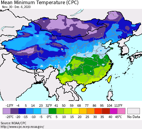 China, Mongolia and Taiwan Mean Minimum Temperature (CPC) Thematic Map For 11/30/2020 - 12/6/2020