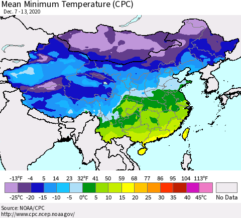 China, Mongolia and Taiwan Mean Minimum Temperature (CPC) Thematic Map For 12/7/2020 - 12/13/2020