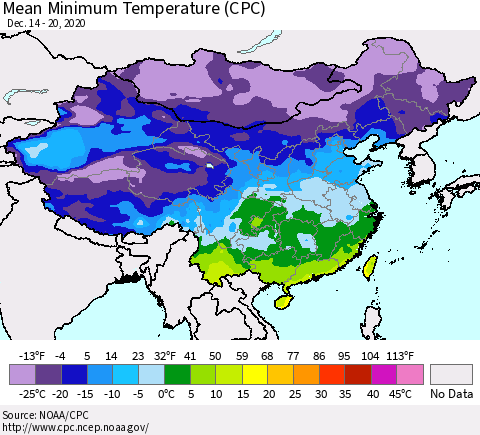 China, Mongolia and Taiwan Mean Minimum Temperature (CPC) Thematic Map For 12/14/2020 - 12/20/2020