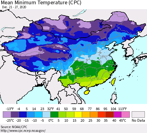China, Mongolia and Taiwan Mean Minimum Temperature (CPC) Thematic Map For 12/21/2020 - 12/27/2020