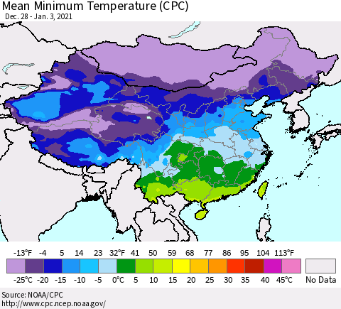 China, Mongolia and Taiwan Mean Minimum Temperature (CPC) Thematic Map For 12/28/2020 - 1/3/2021