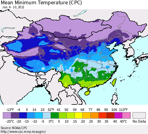China, Mongolia and Taiwan Mean Minimum Temperature (CPC) Thematic Map For 1/4/2021 - 1/10/2021