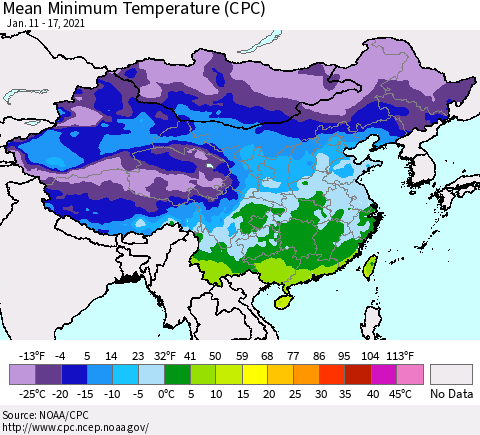 China, Mongolia and Taiwan Mean Minimum Temperature (CPC) Thematic Map For 1/11/2021 - 1/17/2021