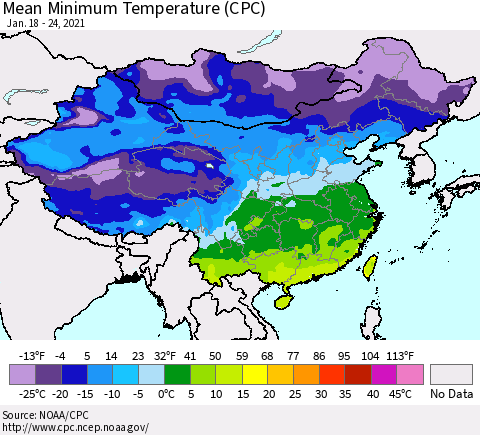 China, Mongolia and Taiwan Mean Minimum Temperature (CPC) Thematic Map For 1/18/2021 - 1/24/2021