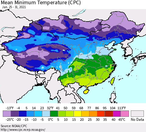 China, Mongolia and Taiwan Mean Minimum Temperature (CPC) Thematic Map For 1/25/2021 - 1/31/2021
