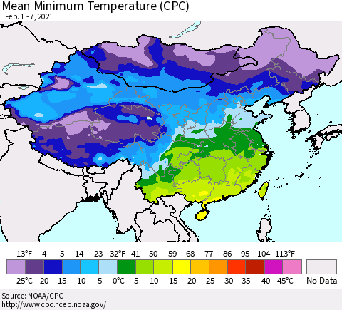 China, Mongolia and Taiwan Mean Minimum Temperature (CPC) Thematic Map For 2/1/2021 - 2/7/2021