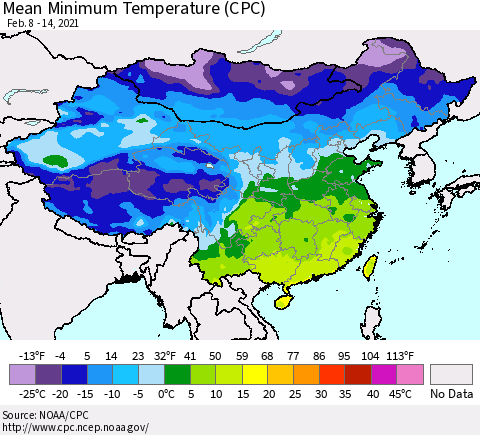 China, Mongolia and Taiwan Mean Minimum Temperature (CPC) Thematic Map For 2/8/2021 - 2/14/2021