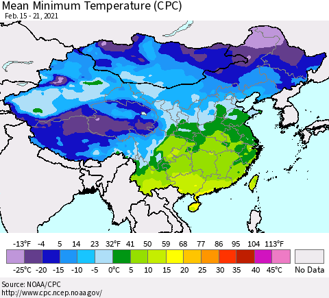 China, Mongolia and Taiwan Mean Minimum Temperature (CPC) Thematic Map For 2/15/2021 - 2/21/2021