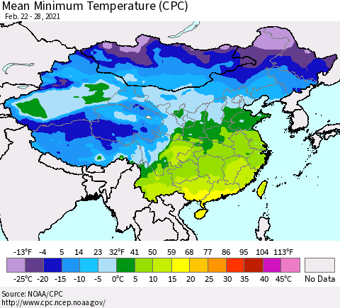 China, Mongolia and Taiwan Mean Minimum Temperature (CPC) Thematic Map For 2/22/2021 - 2/28/2021
