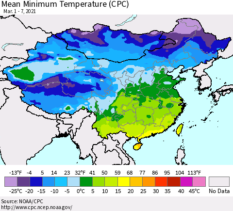China, Mongolia and Taiwan Mean Minimum Temperature (CPC) Thematic Map For 3/1/2021 - 3/7/2021