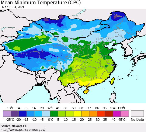 China, Mongolia and Taiwan Mean Minimum Temperature (CPC) Thematic Map For 3/8/2021 - 3/14/2021
