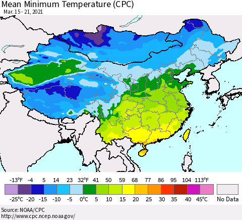 China, Mongolia and Taiwan Mean Minimum Temperature (CPC) Thematic Map For 3/15/2021 - 3/21/2021