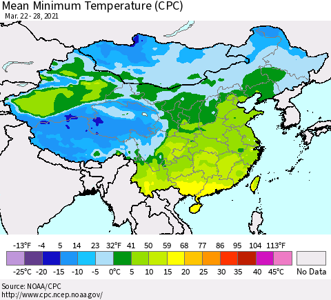 China, Mongolia and Taiwan Mean Minimum Temperature (CPC) Thematic Map For 3/22/2021 - 3/28/2021