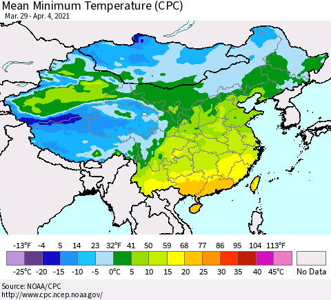 China, Mongolia and Taiwan Mean Minimum Temperature (CPC) Thematic Map For 3/29/2021 - 4/4/2021