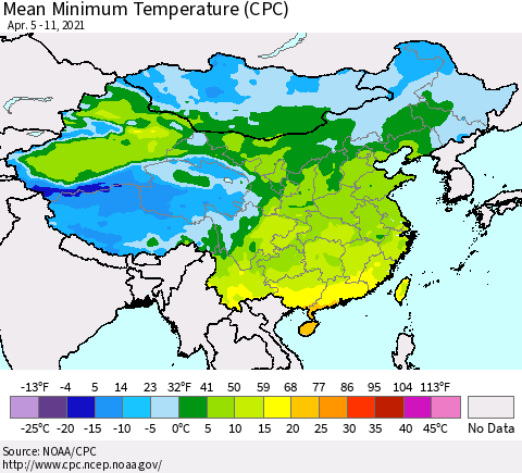 China, Mongolia and Taiwan Mean Minimum Temperature (CPC) Thematic Map For 4/5/2021 - 4/11/2021