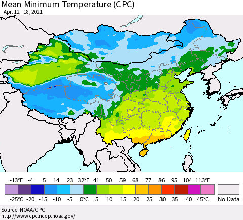 China, Mongolia and Taiwan Mean Minimum Temperature (CPC) Thematic Map For 4/12/2021 - 4/18/2021