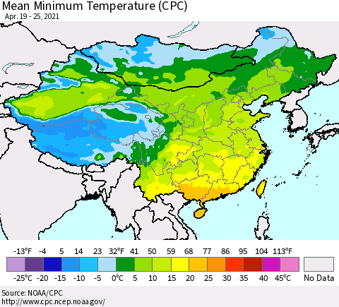 China, Mongolia and Taiwan Mean Minimum Temperature (CPC) Thematic Map For 4/19/2021 - 4/25/2021
