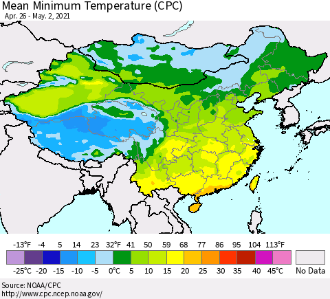 China, Mongolia and Taiwan Mean Minimum Temperature (CPC) Thematic Map For 4/26/2021 - 5/2/2021