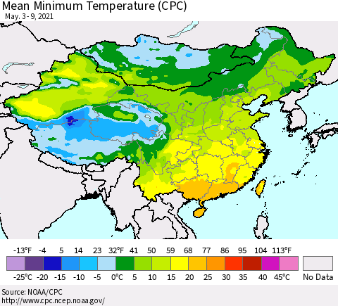 China, Mongolia and Taiwan Mean Minimum Temperature (CPC) Thematic Map For 5/3/2021 - 5/9/2021