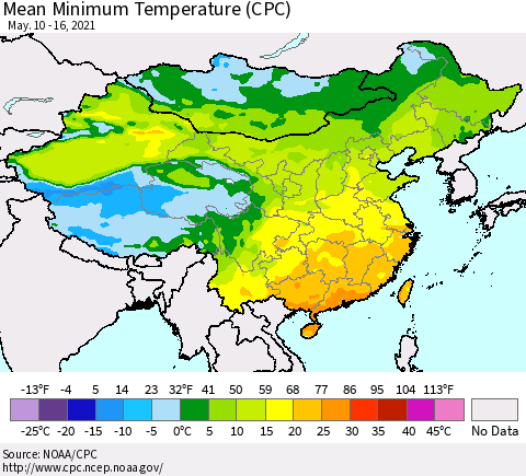 China, Mongolia and Taiwan Mean Minimum Temperature (CPC) Thematic Map For 5/10/2021 - 5/16/2021