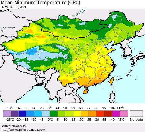 China, Mongolia and Taiwan Mean Minimum Temperature (CPC) Thematic Map For 5/24/2021 - 5/30/2021