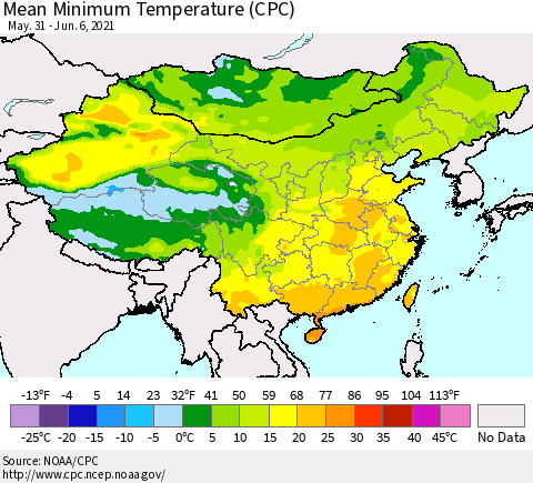 China, Mongolia and Taiwan Mean Minimum Temperature (CPC) Thematic Map For 5/31/2021 - 6/6/2021