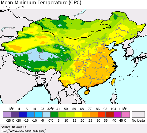 China, Mongolia and Taiwan Mean Minimum Temperature (CPC) Thematic Map For 6/7/2021 - 6/13/2021