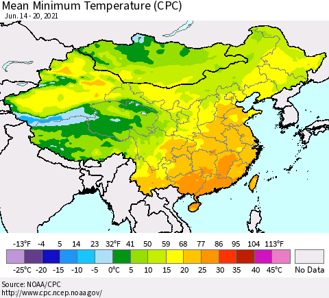 China, Mongolia and Taiwan Mean Minimum Temperature (CPC) Thematic Map For 6/14/2021 - 6/20/2021