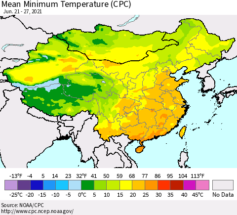 China, Mongolia and Taiwan Mean Minimum Temperature (CPC) Thematic Map For 6/21/2021 - 6/27/2021