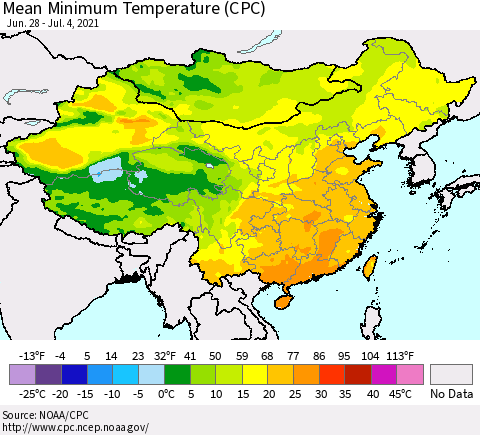 China, Mongolia and Taiwan Mean Minimum Temperature (CPC) Thematic Map For 6/28/2021 - 7/4/2021