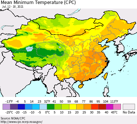 China, Mongolia and Taiwan Mean Minimum Temperature (CPC) Thematic Map For 7/12/2021 - 7/18/2021