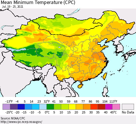 China, Mongolia and Taiwan Mean Minimum Temperature (CPC) Thematic Map For 7/19/2021 - 7/25/2021