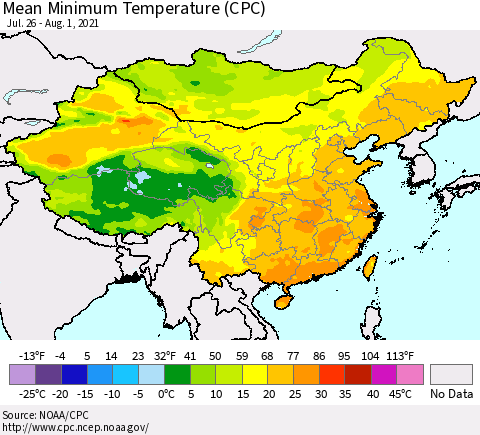 China, Mongolia and Taiwan Mean Minimum Temperature (CPC) Thematic Map For 7/26/2021 - 8/1/2021