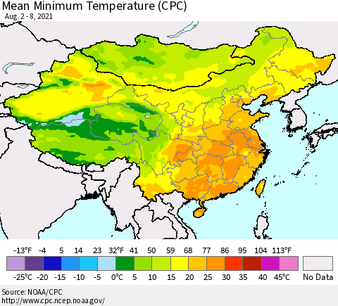 China, Mongolia and Taiwan Mean Minimum Temperature (CPC) Thematic Map For 8/2/2021 - 8/8/2021