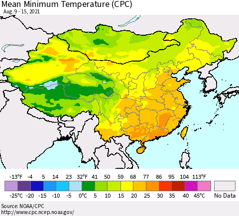 China, Mongolia and Taiwan Mean Minimum Temperature (CPC) Thematic Map For 8/9/2021 - 8/15/2021