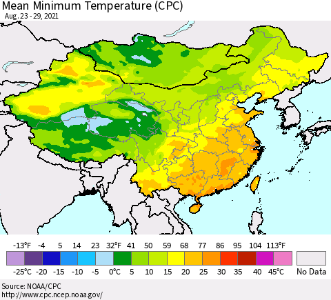 China, Mongolia and Taiwan Mean Minimum Temperature (CPC) Thematic Map For 8/23/2021 - 8/29/2021