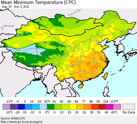 China, Mongolia and Taiwan Mean Minimum Temperature (CPC) Thematic Map For 8/30/2021 - 9/5/2021