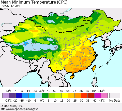 China, Mongolia and Taiwan Mean Minimum Temperature (CPC) Thematic Map For 9/6/2021 - 9/12/2021