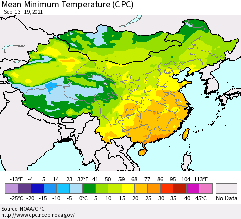 China, Mongolia and Taiwan Mean Minimum Temperature (CPC) Thematic Map For 9/13/2021 - 9/19/2021